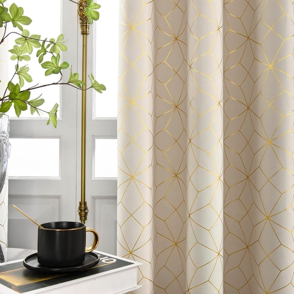100% Blackout Curtains 54 Inches Long for Bedroom Living Room Moroccan Gold Patterned Drapes Thermal Insulated Grommet Top Window Treatment Panels Set of 2, Beige/Gold