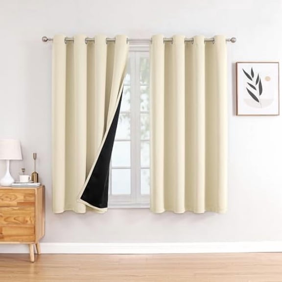 100% Blackout Curtains 54 inch Long for Bedroom with Black Liner, 2 Thick Layers Total Blackout Thermal Insulated Grommet Window Curtains 2 Panels Set (Light Beige, 52 x 54 Inch)