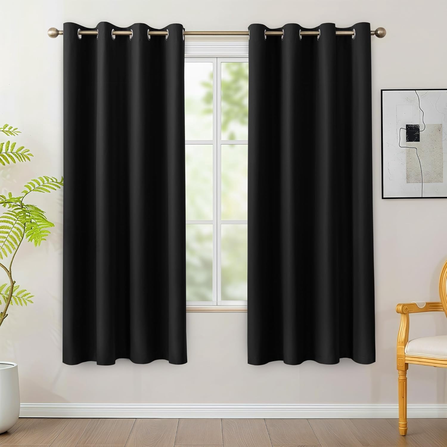 100% Blackout Curtains 63 Inches Length - Black Out Grommet Window Drapes, Single Layer Noise Reducing & Light Blocking Curtain with Black Laminated Backing for Bedroom, Black, 2 Panels