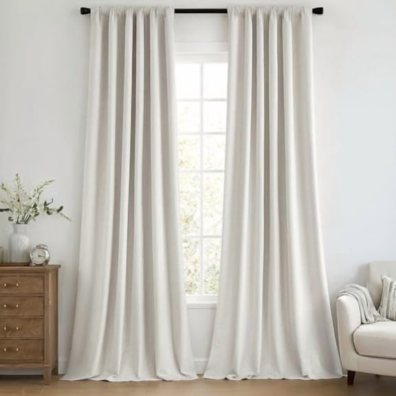 100% Blackout Curtains 84 Inch Long 2 Panels Set for Bedroom, Thick Faux Linen Black Out Curtain Room Darkening Back Tab Pleat Window Textured Drapes with Hooks for Living Room, Light Beige