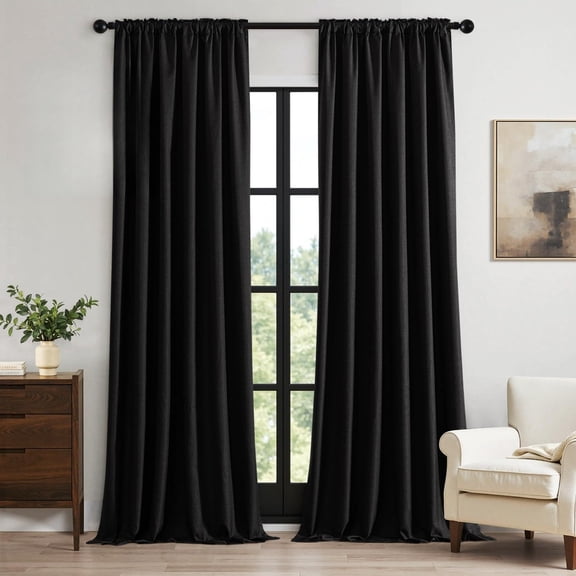 100% Blackout Curtains 84 Inch Long 2 Panels Set for Bedroom, Thick Luxury Faux Linen Black Out Curtain Room Darkening Back Tab Pleat Window Textured Drapes with Hooks for Living Room, Black