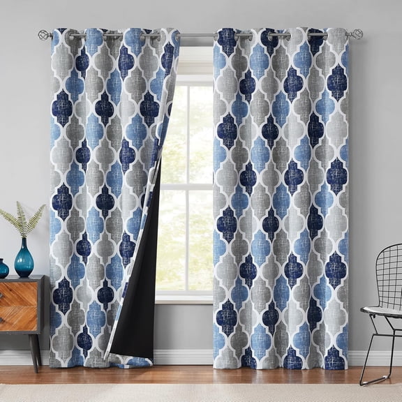 100% Blackout Curtains 84 Inches Long 2 Panels for Bedroom Living Room Blue Grey Moroccan Geo Room Darkening Thermal Insulated Soundproof Grommet Top Window Treatments Drapes, 52x84 Set of 2