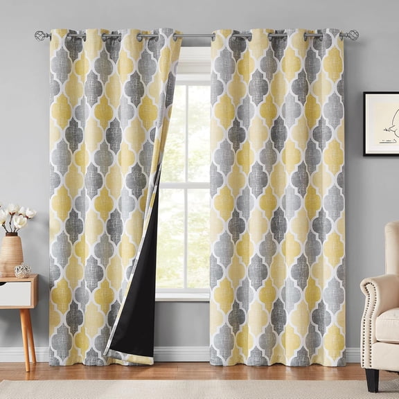 100% Blackout Curtains 84 Inches Long 2 Panels for Bedroom Living Room Yellow Grey Moroccan Geo Room Darkening Thermal Insulated Soundproof Grommet Top Window Treatments Drapes, 52x84 Set of 2