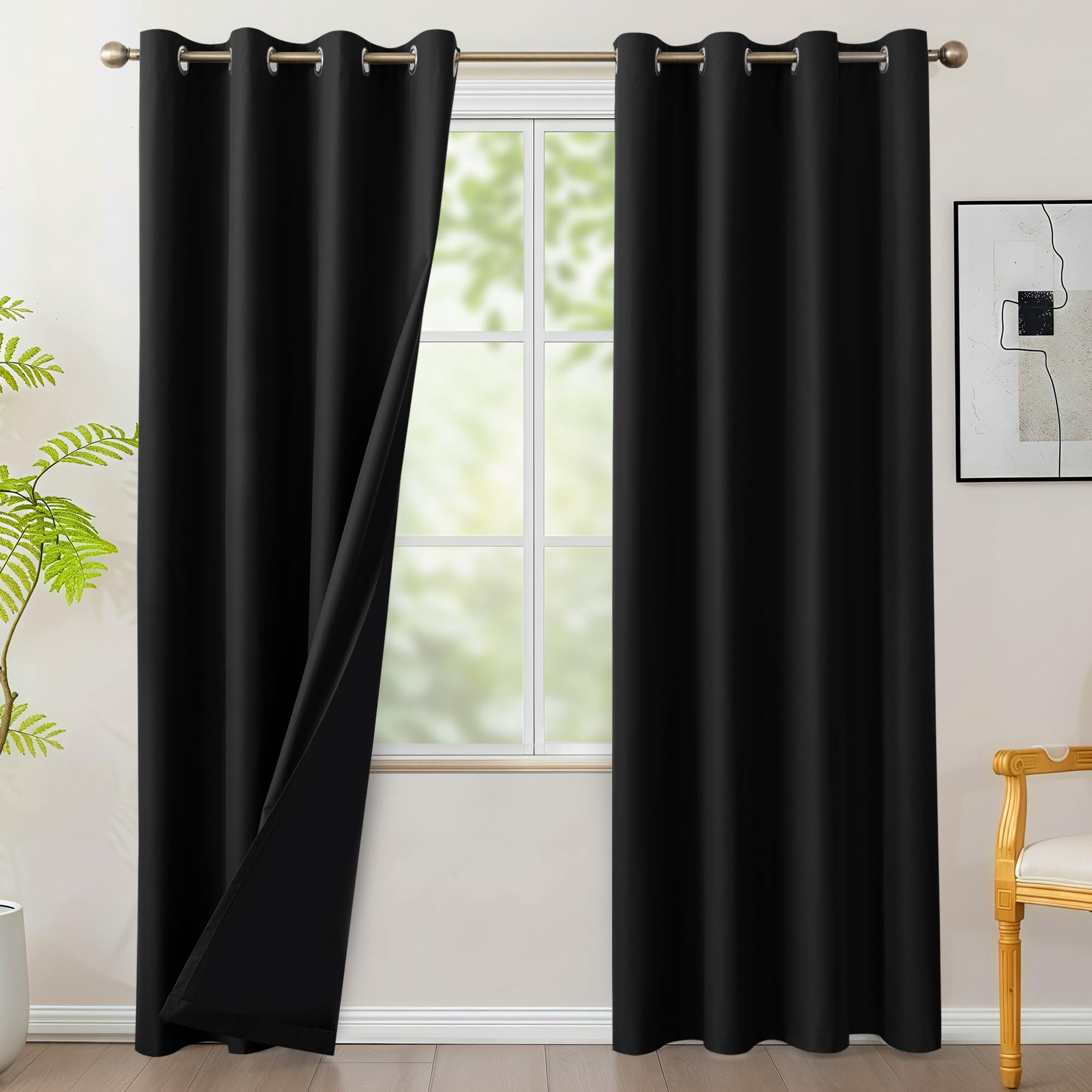 100% Blackout Curtains 84 inches Long, 4 Panels Full Light Blocking Privacy Protection Window Drapes, Grommet Total Room Darkening Curtain with Black Backing for Bedroom, Living Room, Grey