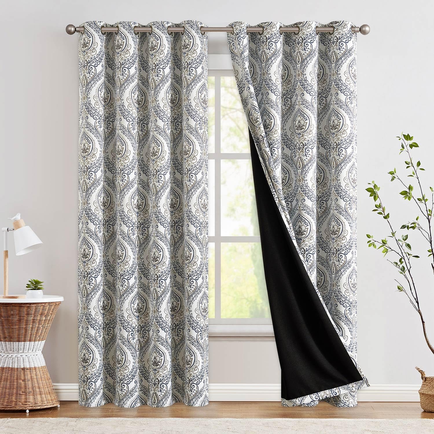100% Blackout Curtains 90 Inch Length 2 Panels Blue Damask Medallion ...