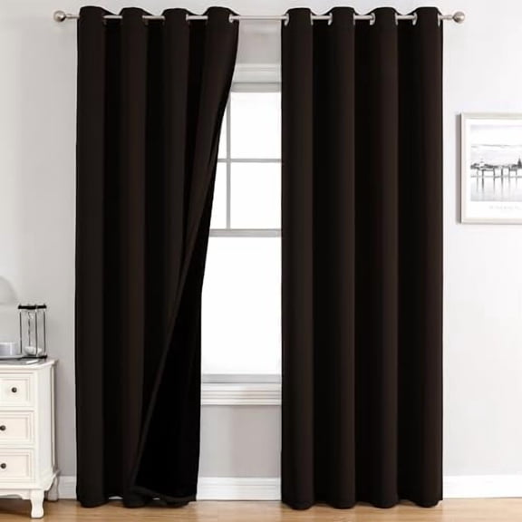 100% Blackout Curtains 90 inch Long for Bedroom with Black Liner, 2 Thick Layers Total Blackout Thermal Insulated Grommet Long Window Curtains 2 Panels Set (Brown, 52 x 90 Inch)