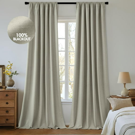 100% Blackout Curtains 96 Inch Long 2 Panels Set for Bedroom, Thick Faux Linen Black Out Curtain Room Darkening Back Tab Pleat Floor to Ceiling Window Drapes with Hooks for Living Room, Oatmeal