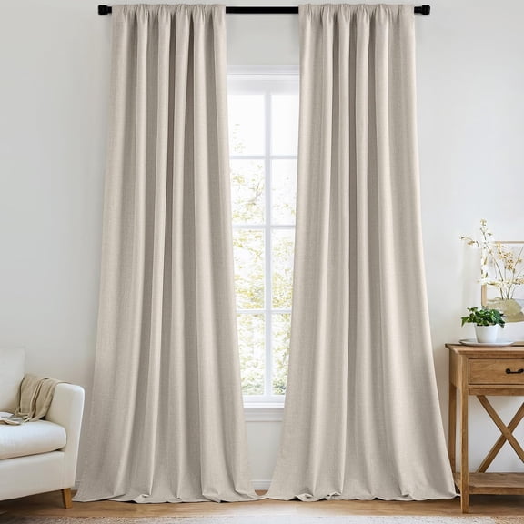 100% Blackout Curtains 96 Inch Long 2 Panels Set for Bedroom, Thick Faux Linen Black Out Curtain Room Darkening Back Tab Pleat Floor to Ceiling Window Drapes with Hooks for Living Room, Beige