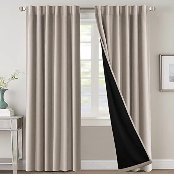 100% Blackout Curtains for Bedroom with Black Liner Full Room Darkening Curtains 84 Inch Long Thermal Insulated Back Tab/Rod Pocket Window Drapes for Living Room, 2 Panels, Natural Sand