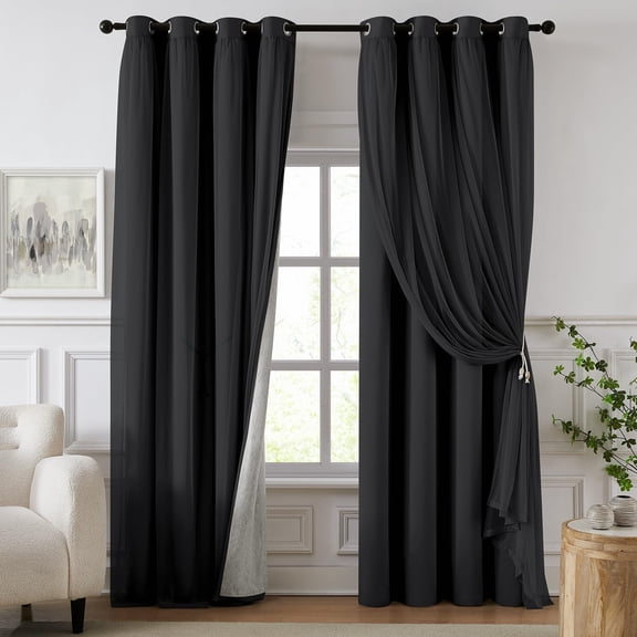 100% Blackout Curtains for Bedroom, Double Layer Black Curtains, Black Out Curtain 84 inch Long with Sheer Overlay for Living Room, Room Darkening Window Drapes with Grommet, 52" W x 84" L