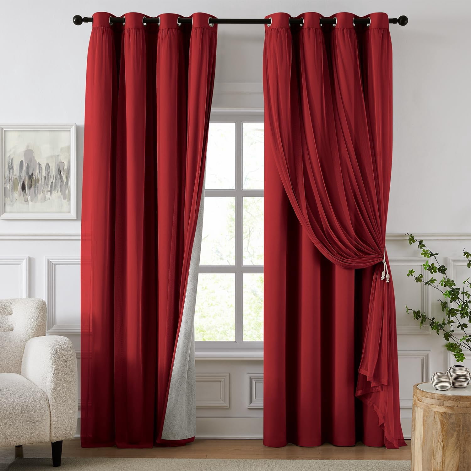 100% Blackout Curtains for Bedroom, Double Layer Red Curtains, Black