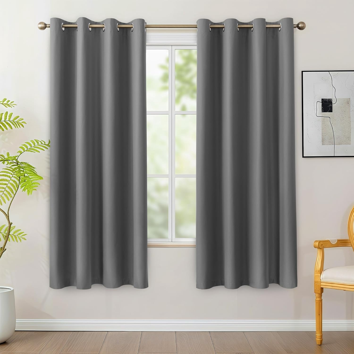 100% Blackout Curtains for Bedroom - Light Blocking Privacy Protection Window Drapes with Black Backing, Single Layer Total Room Darkening Curtain for Living Room, 54 x 72 Inch, Grey, 2 Panels