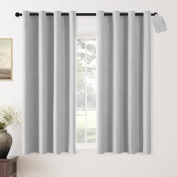 100% Blackout Curtains for Bedroom - Linen 63 Inch Length Room Darkening Thermal Insulated Grommet Top Window Treatment Drapes 2 Panels, Light Grey 52" W x 63" L