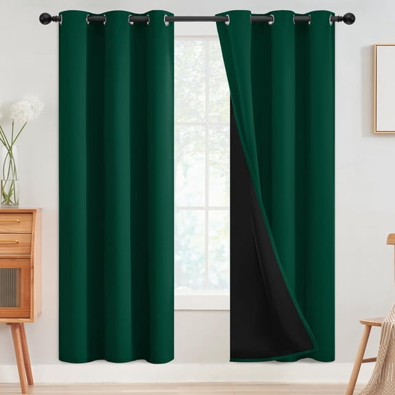 100% Blackout Curtains 42x72 inch Thermal Insulated Grommet Room Darkening Drapes for Bedroom Living Room Dark Green with Black Back