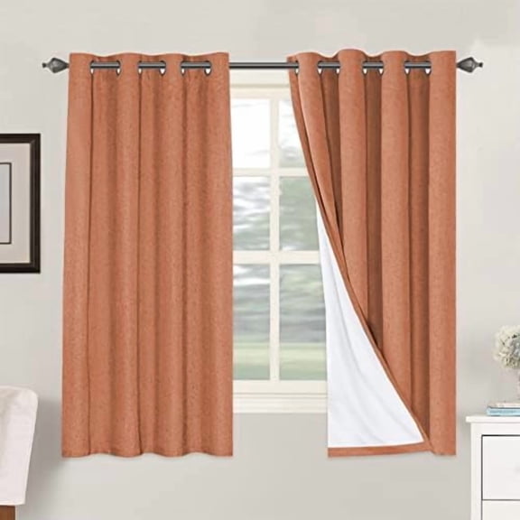 100% Blackout Curtains for Bedroom Thermal Insulated Linen Textured Curtains Heat and Full Light Blocking Drapes Living Room Curtains 2 Panel Sets, Orange, 52x63 Inch