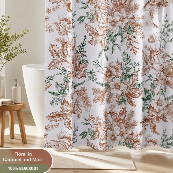 100% Blackout Curtains for Bedroom, Vintage Floral Thermal Window Panels with Black Liner, 108 Inches Long, Back Tab/Rod Pocket, 2 Panels, Caramel/Moss