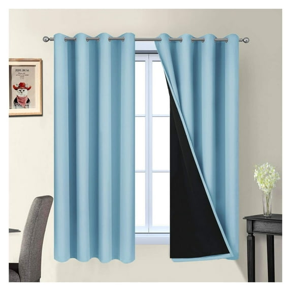 100% Blackout Curtains Energy Saving Thermal Insulated 2 Thick Layers Completely Blackout Drapes with Black Liner for Bedroom (52Wx63L,Sky Blue, 2 Panels)