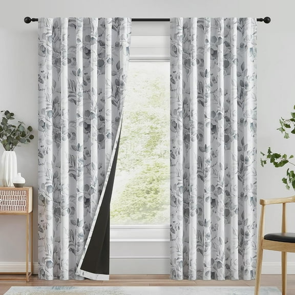 100% Blackout Curtains Grey Floral Pattern Curtains 84 Inches Long for Bedroom Watercolor Leaf Print Thermal Insulated Drapes for Living Room Darkening Rod Pocket Window Curtains 2 Panels