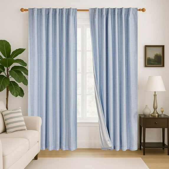 100% Blackout Curtains – Linen Blend, Thermal Insulated, Noise-Reducing Drapes – Grommet & Back Tab Window Panels – Light Blocking & Privacy Protection – 2 Panels, Baby Blue, 52W x 96L Inch