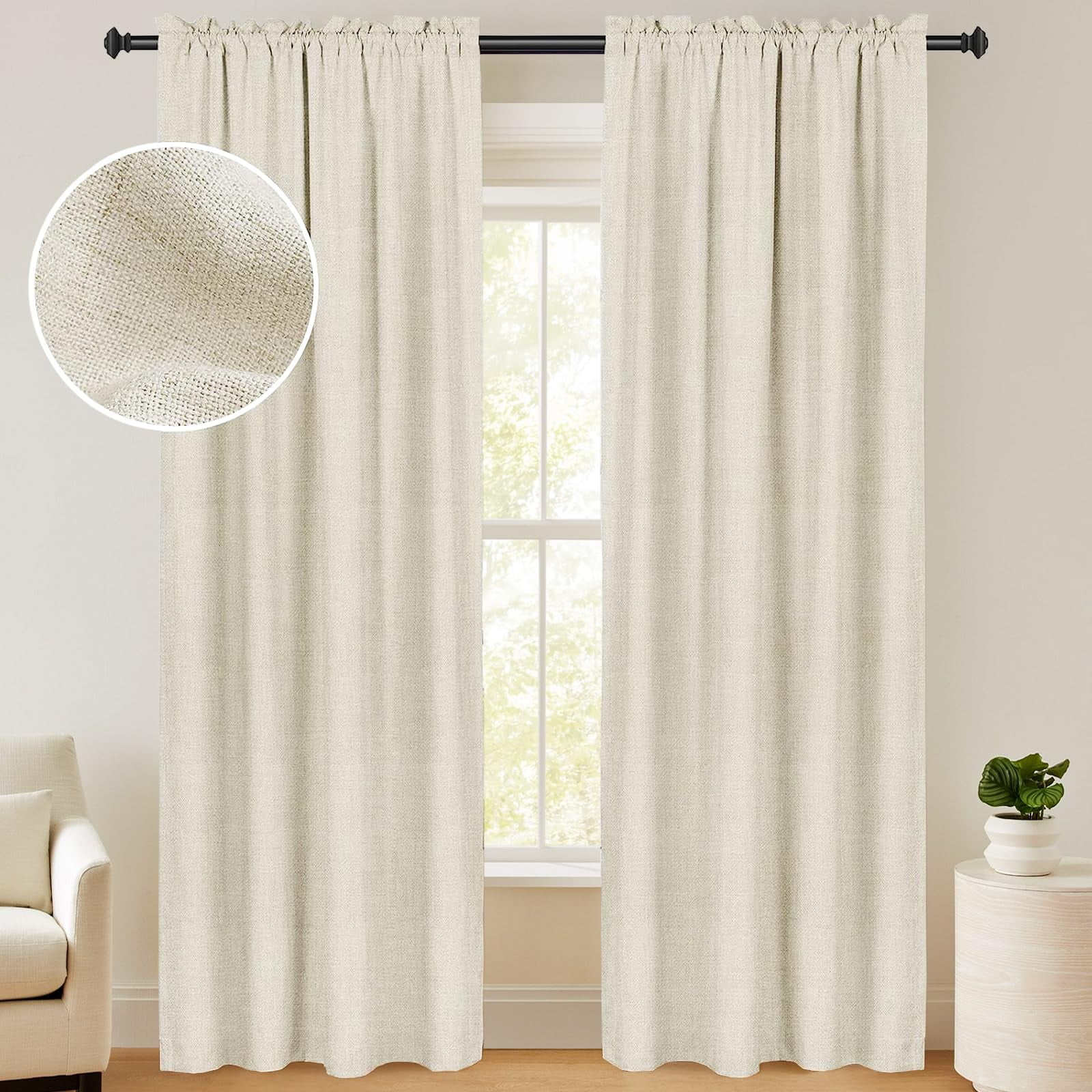 100 Blackout Curtains, Linen Textured Blackout Curtains No Light, Rod