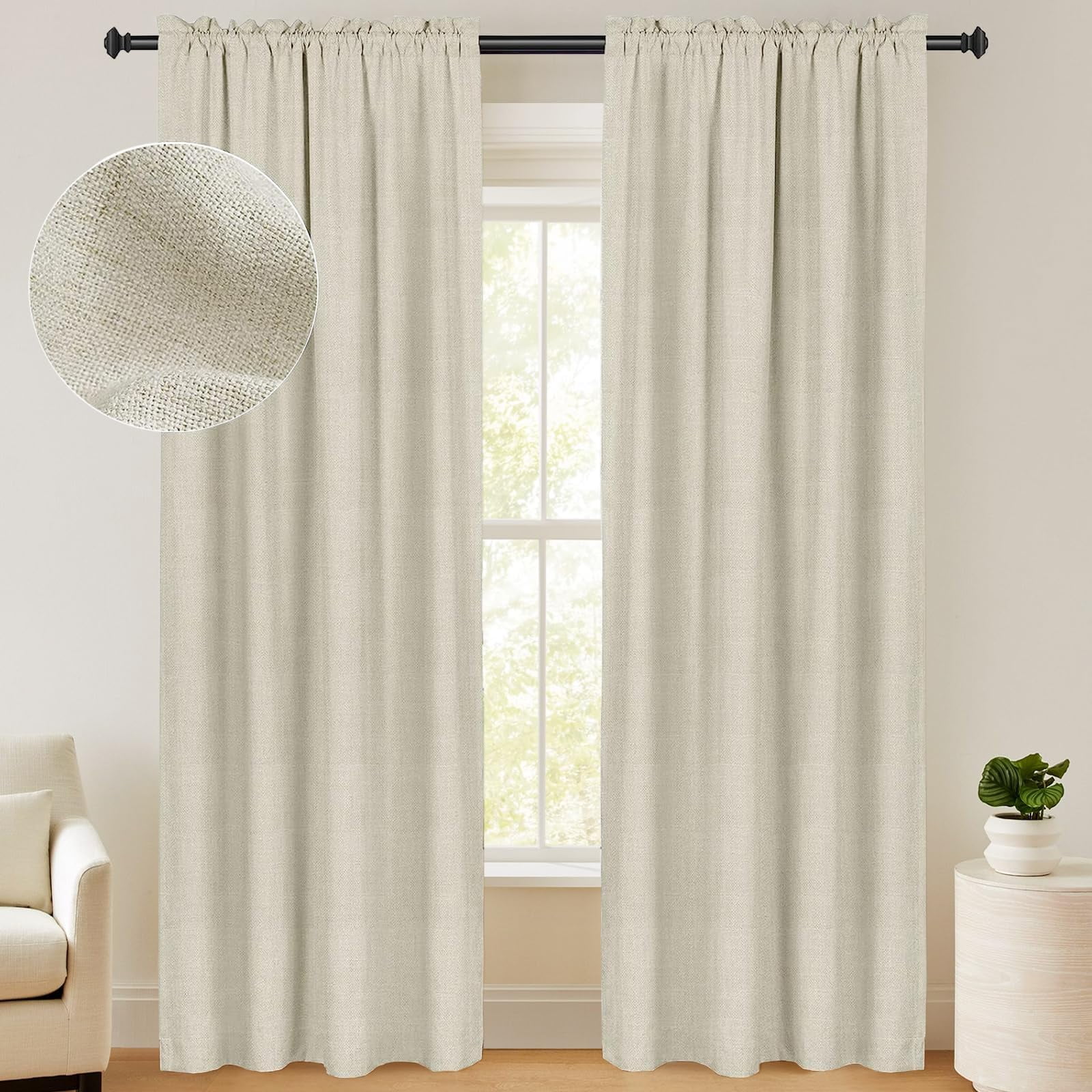 100 Blackout Curtains, Linen Textured Blackout Curtains No Light, Rod