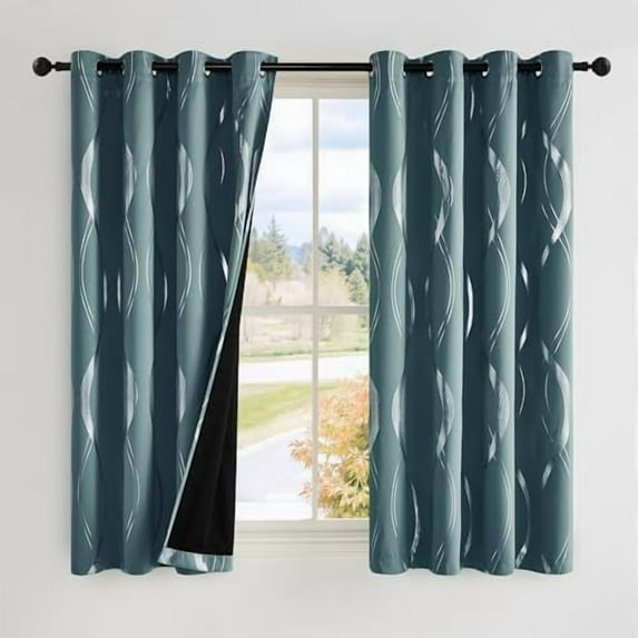 100% Blackout Curtains Panels for Living Room, Greyish Blue, 52" Wide x 63" Long, 2 Panels, Sound Reducing Thermal Insulated Wave Line Foil Print Design Curtains for Patio Sliding Glass Door