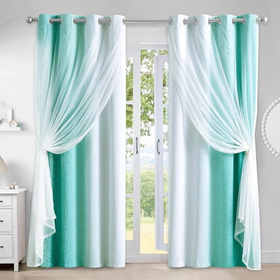 100% Blackout Curtains with Sheer Overlay Mix and Match Double Layer Drapes 84 Inch Long 2 Panels for Bedroom Living Room Teal White Ombre Grommet Window Treatment with Tiebacks