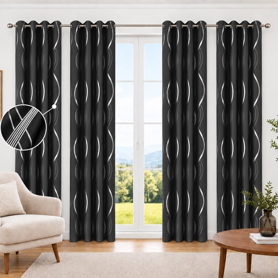 100% Blackout Curtains Silver Waves Lines Grommet Thermal Insulated Curtains for Living Room Bedroom Patio Door,Black,W37 x L84 inch (4 Panels)