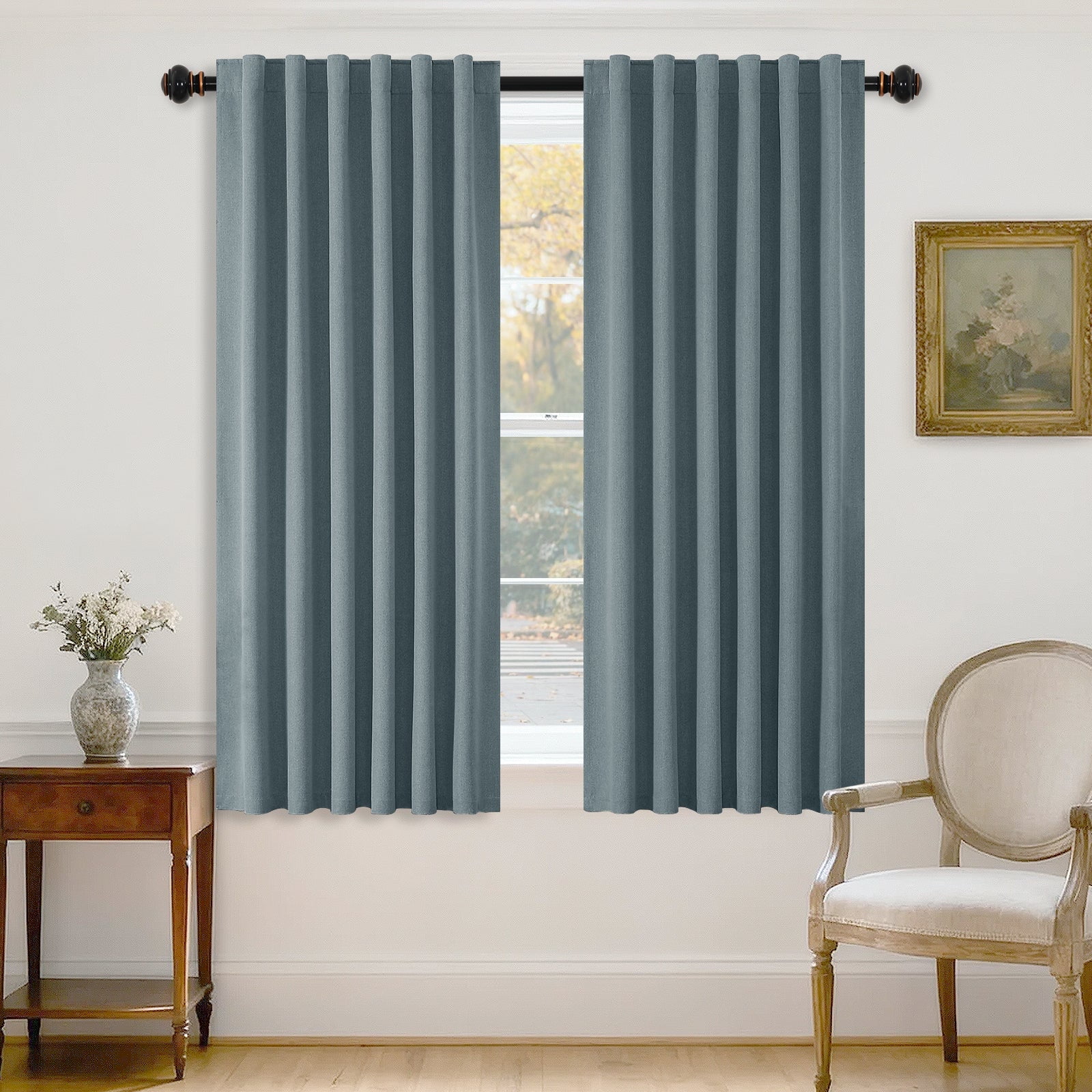 PrimeBeau 100% Blackout Curtains 63 Inch Length 2 Panels Set for Bedroom Windows/Living Room Thermal Insulated linen-like fabric Blend Curtain Rod Pocket/Back Tab Stone Blue