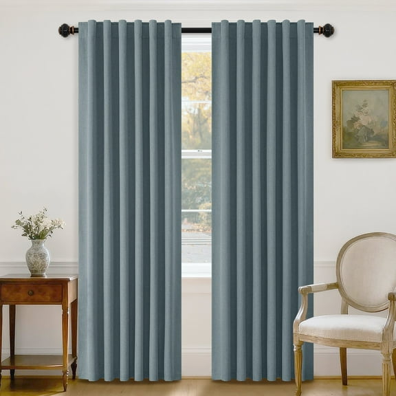 PrimeBeau 100% Blackout Curtains 84 Inch Length 2 Panels Set for Bedroom Windows/Living Room Thermal Insulated linen-like fabric Blend Curtain Rod Pocket/Back Tab Stone Blue