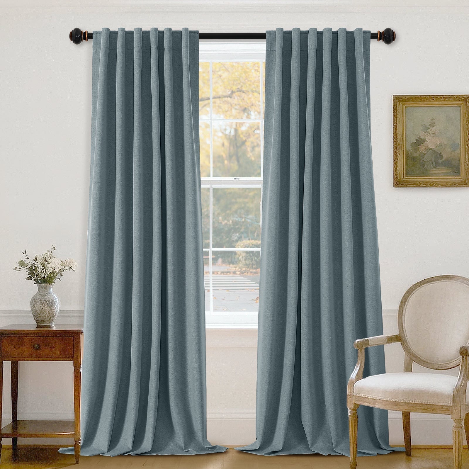 PrimeBeau 100% Blackout Curtains 96 Inch Length 2 Panels Set for Bedroom Windows/Living Room Thermal Insulated linen-like fabric Blend Curtain Rod Pocket/Back Tab Stone Blue