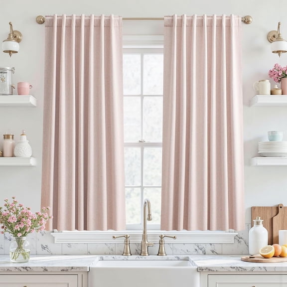100% Blackout Curtains for Living Room, 48" Long, Pink Linen, Black Out Modern Noise Reducing Thermal Drapes for Small Windows, Rod Pocket, 2 Panels