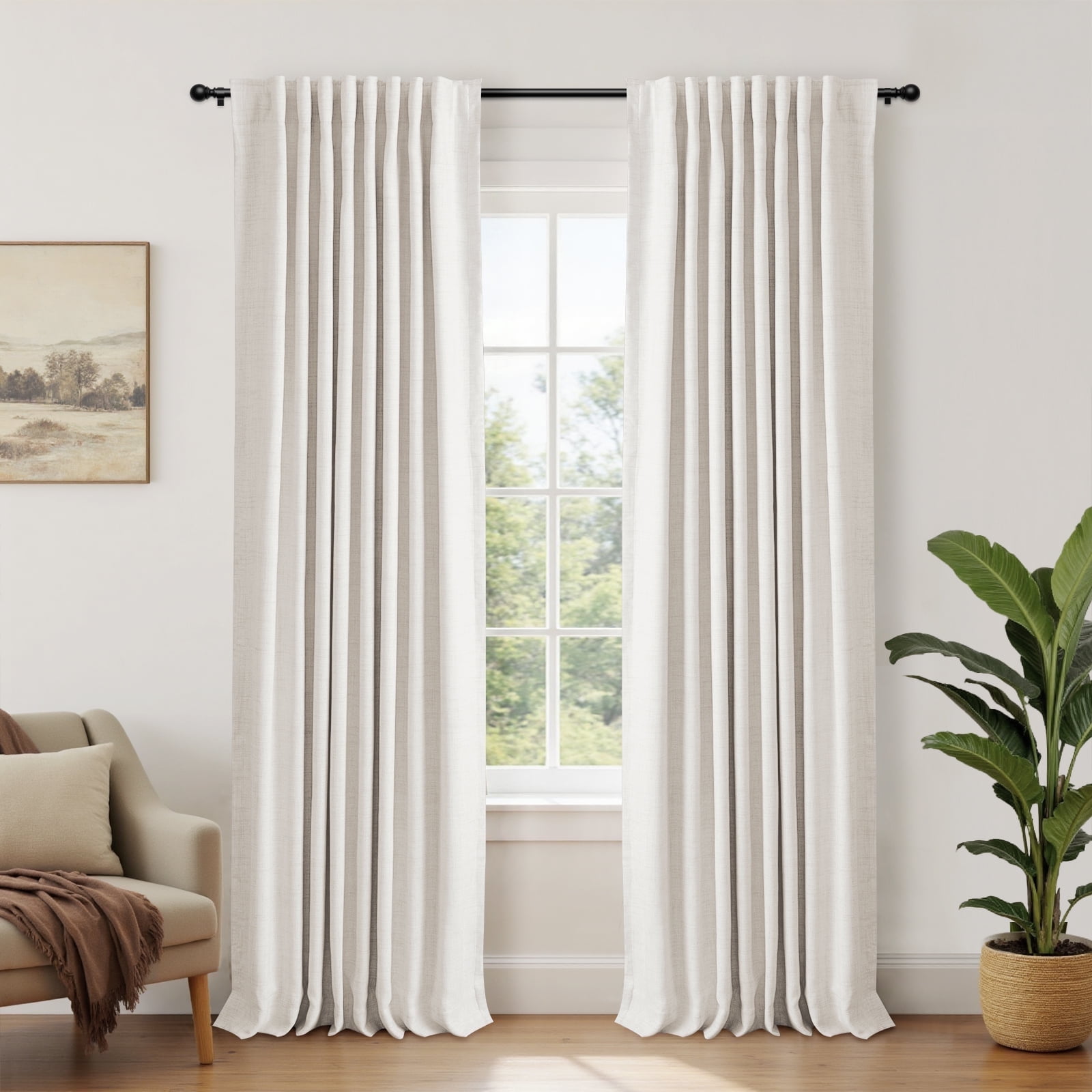 100% Blackout Curtains 90 inch Long for Bedroom,Set of 2 Panels, Faux Linen Thermal Insulated Back Tab Curtain Drapes with Room Darkening,Beige