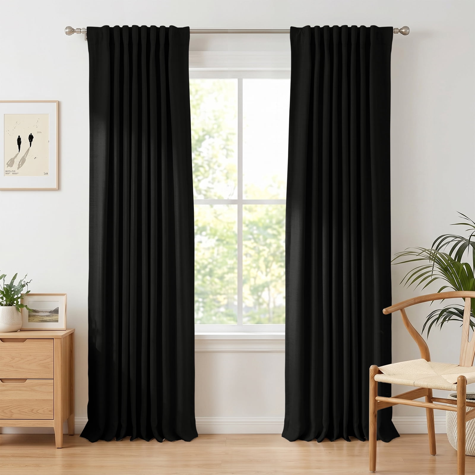 100% Blackout Faux Linen Curtains for Livingroom Bedroom W50 X L120,2 Panels Set Thermal Insulated Curtains With Free 20 Ring Clips - Black
