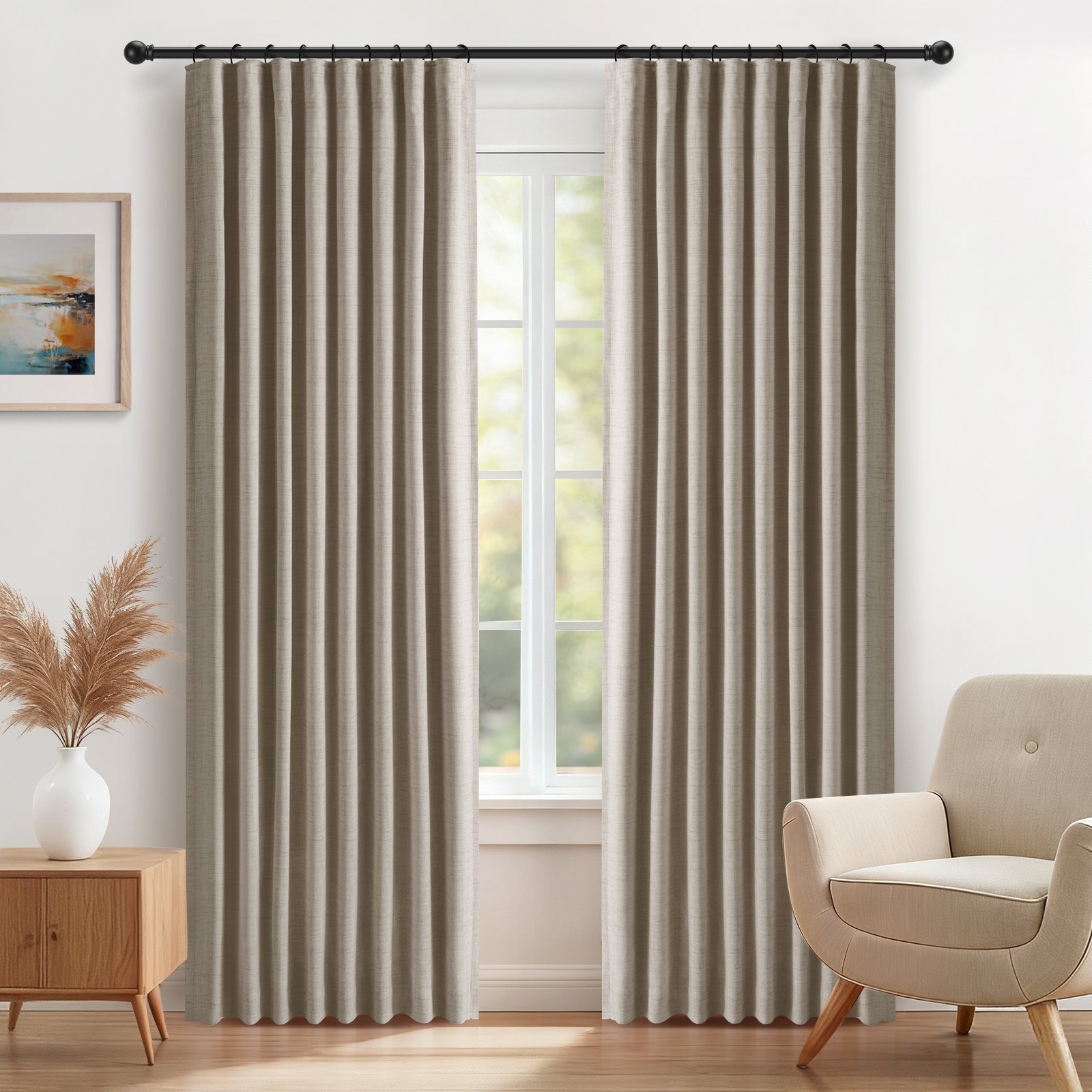100% Blackout Faux Linen Curtains for Livingroom Bedroom W50 X L84,2 Panels Set Thermal Insulated Curtains With Free 20 Ring Clips- Faux Linen