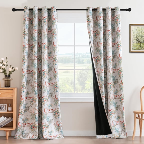 100% Blackout Floral Curtains 96" Long, Vintage Printed Pattern Thermal Insulated Grommet Drapes, 2 Panels, Teal/Rust