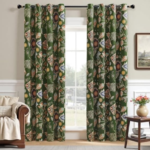 100 Blackout Green Floral Curtains 84 Inches Long 2 Panels for Living Room Thermal Insulated Luxury Vintage Patterned Curtains for Bedroom Dark Botanical Printed Grommet Drapes Moss Green 52x84