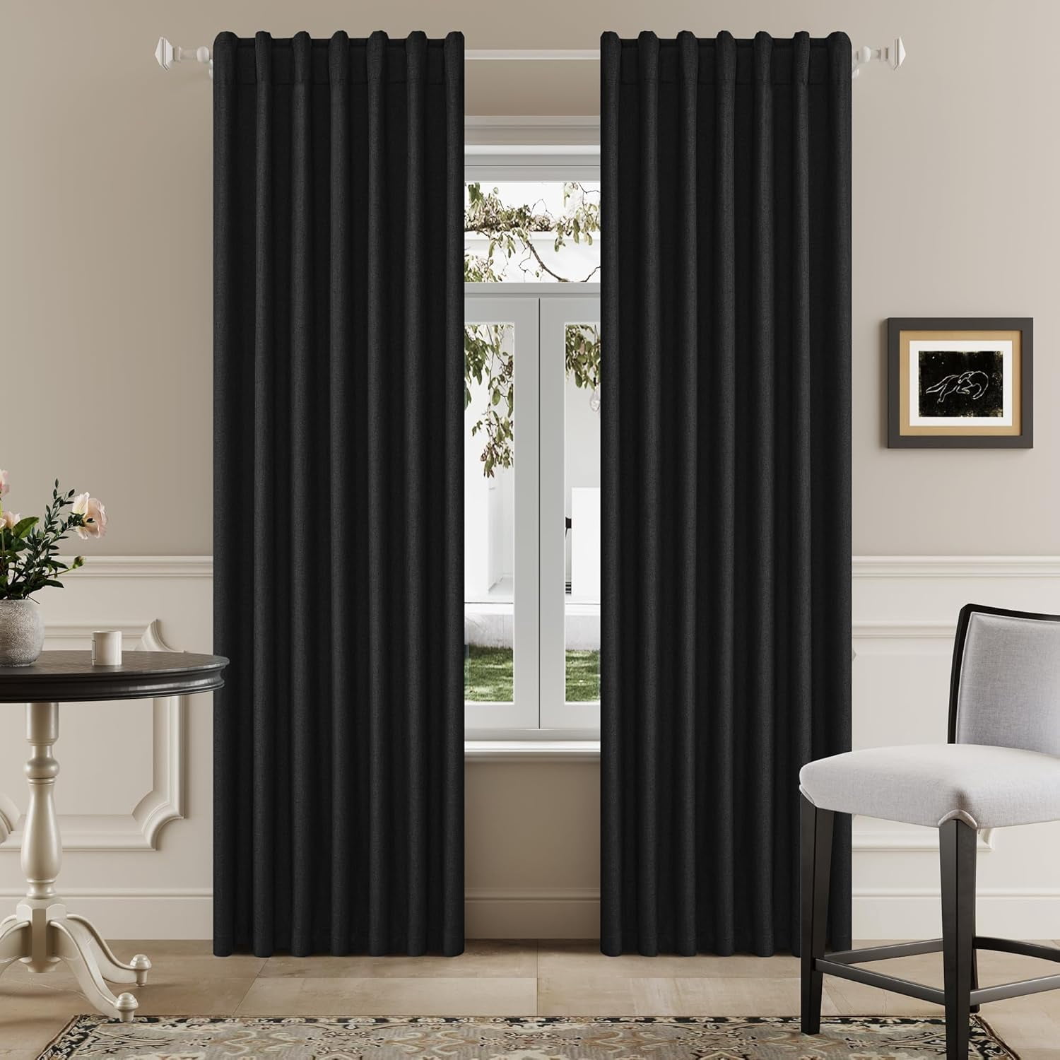 100% Blackout Linen Black Curtains 84 Inch for Living Room Darkening