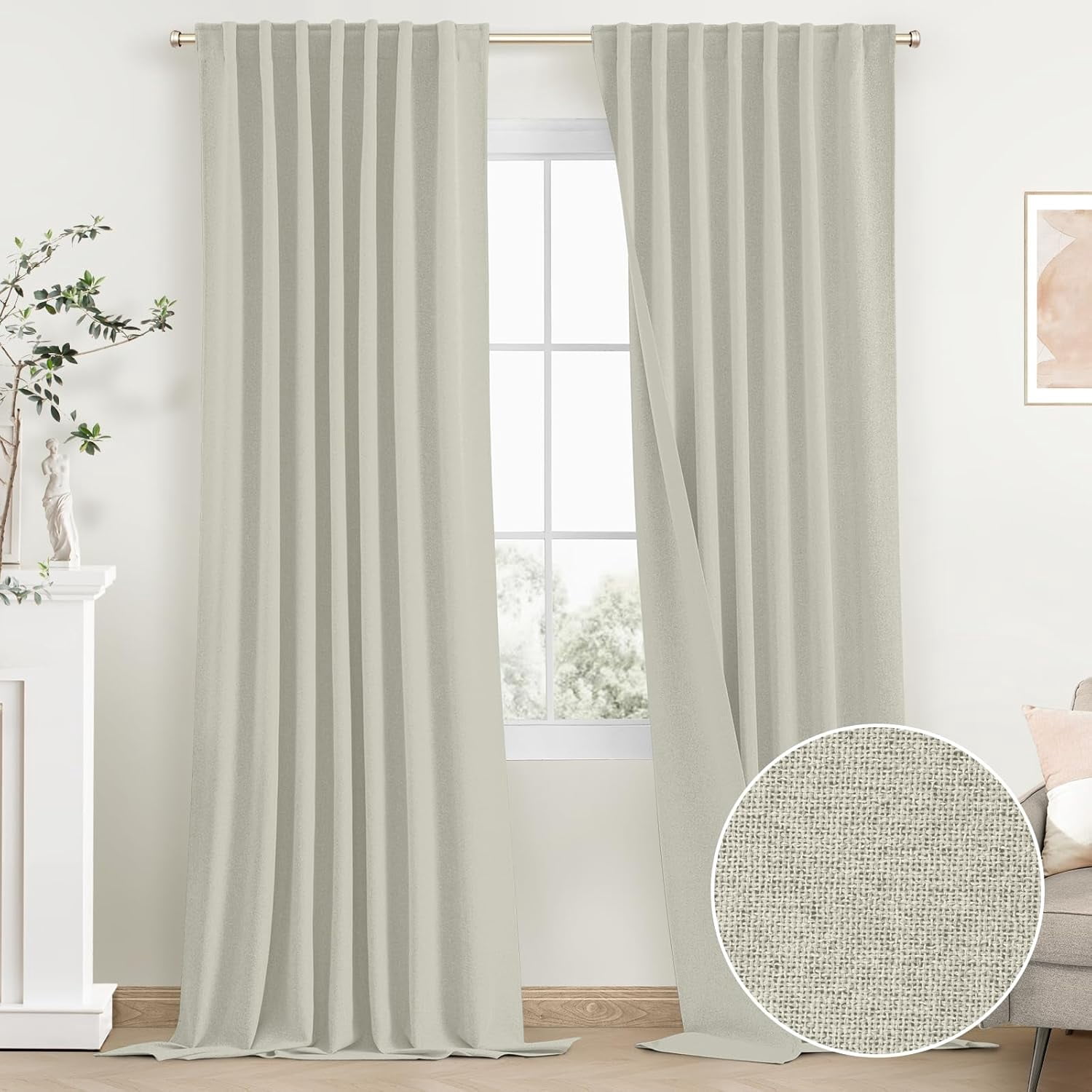 100% Blackout Linen Cream Curtains 72 Inch Length,Farmhouse Back Tab ...