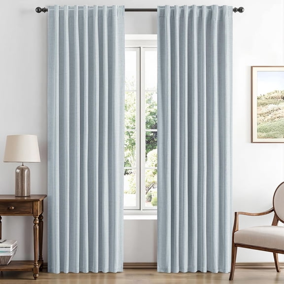100% Blackout Linen Curtains for Bedroom, Chambray Blue Solid Luxury Decor Thermal Insulation Room Darkening Drapes for Living Room Nursery Back Tab Rod Pocket 42 x 72 Inches, 2 Panels