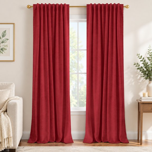 100% Blackout Linen Curtains for Bedroom, 50x96 Inches Ruby Red, Linen Textured Light Blocking Thermal Insulated Back Tab Window Panels, 2 Pack