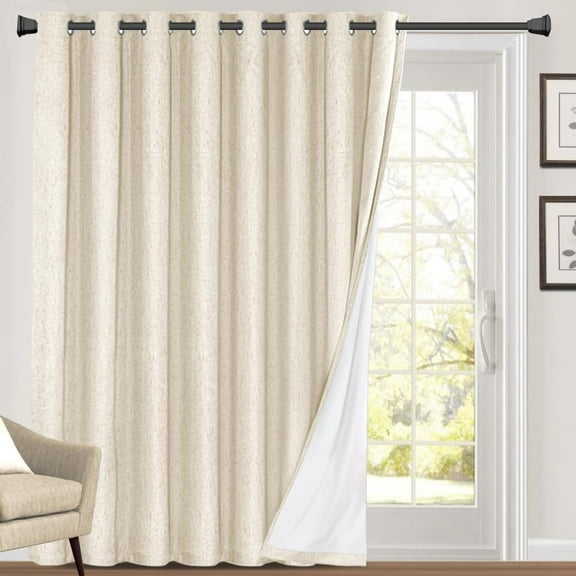 100% Blackout Linen Look Patio Door Curtain 84 Inches Long Extra Wide Thermal Insulated Grommet Curtain Drapes for Living Room/Sliding Glass Door,W100 x L84 inch, Bleached Sand