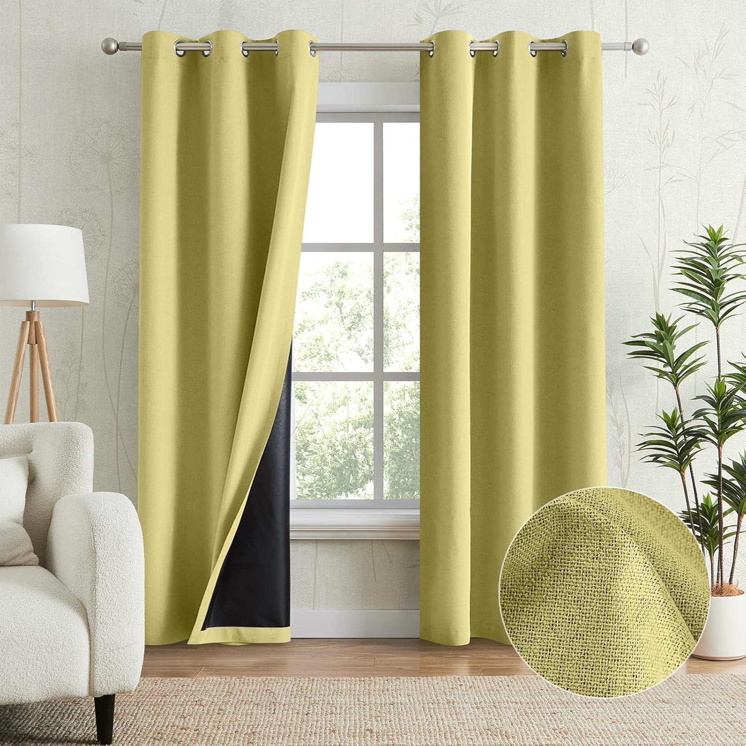 100 Blackout Linen Textured Curtains for Living Room, Full Light