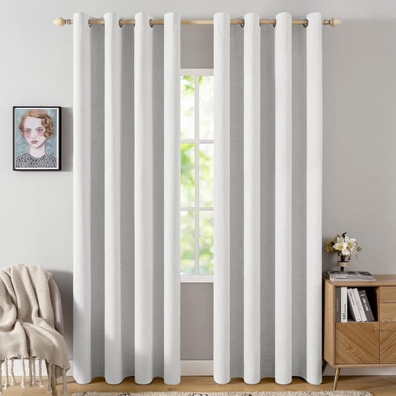 100% Blackout Linen Textured Curtains, Thermal Insulated Heathered White Grommet Room Darkening Drapes, 2 Panels, 52" x 96"