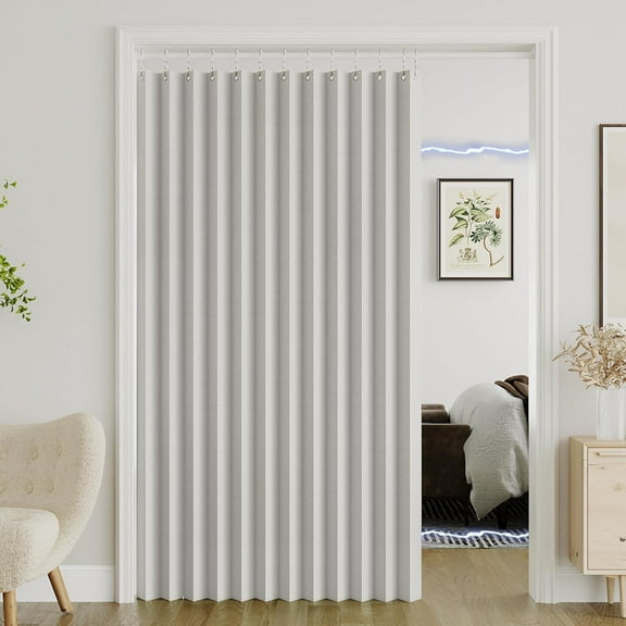 100% Blackout Magnetic Door Curtain Accordion Door Closet Door Curtain Linen Textured Pleated Curtains Folding Door Curtains for Closet and Room Divider, 1 Panel, W66 x L78, Off White