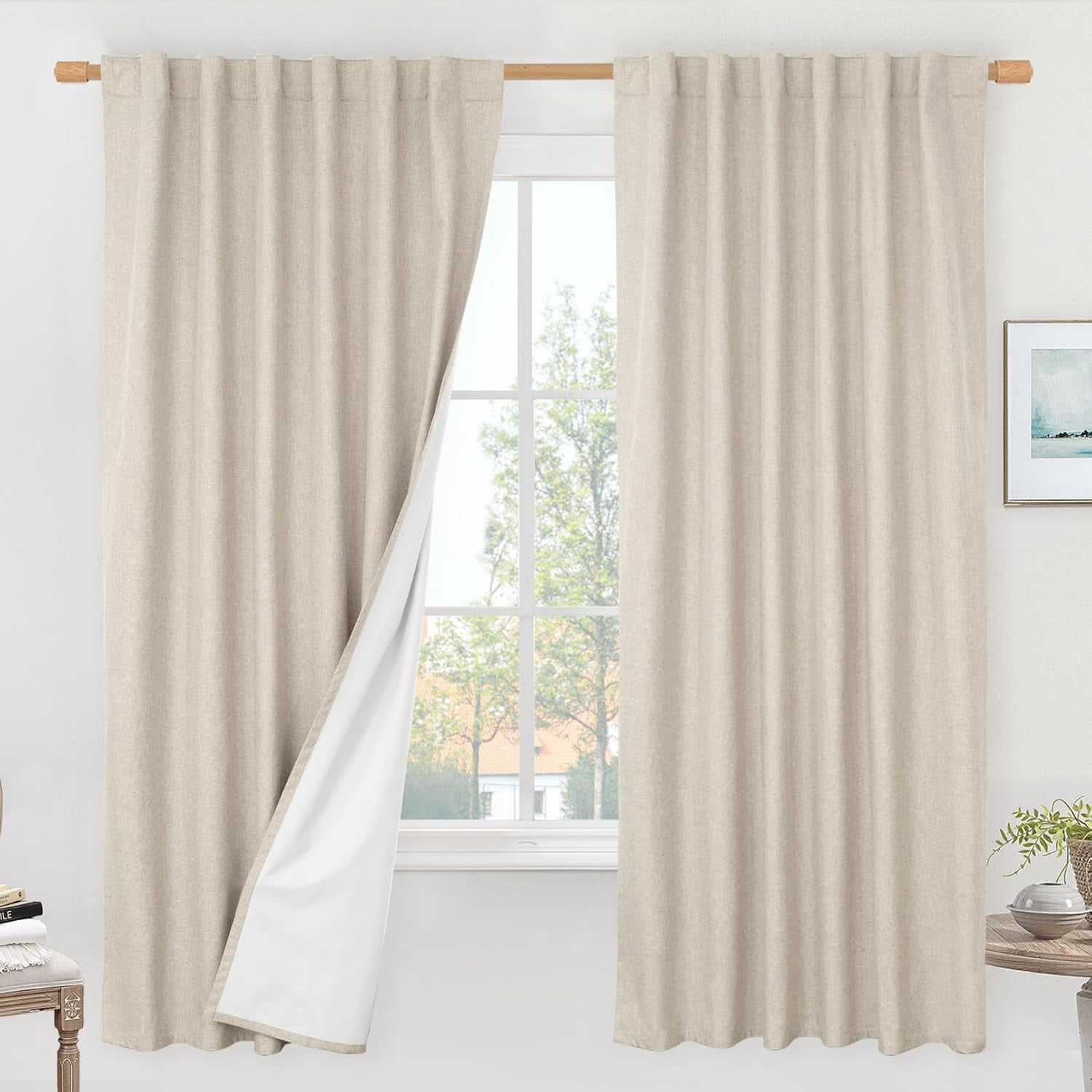 100% Blackout Natural Linen Curtains, 72 Inches Linen Textured Thermal Bedroom Curtains Back Tab and Rod Pocket Neutral Panels with White Liner for Farmhouse, 2 Panels, 52 x 72 Inch, Oatmeal
