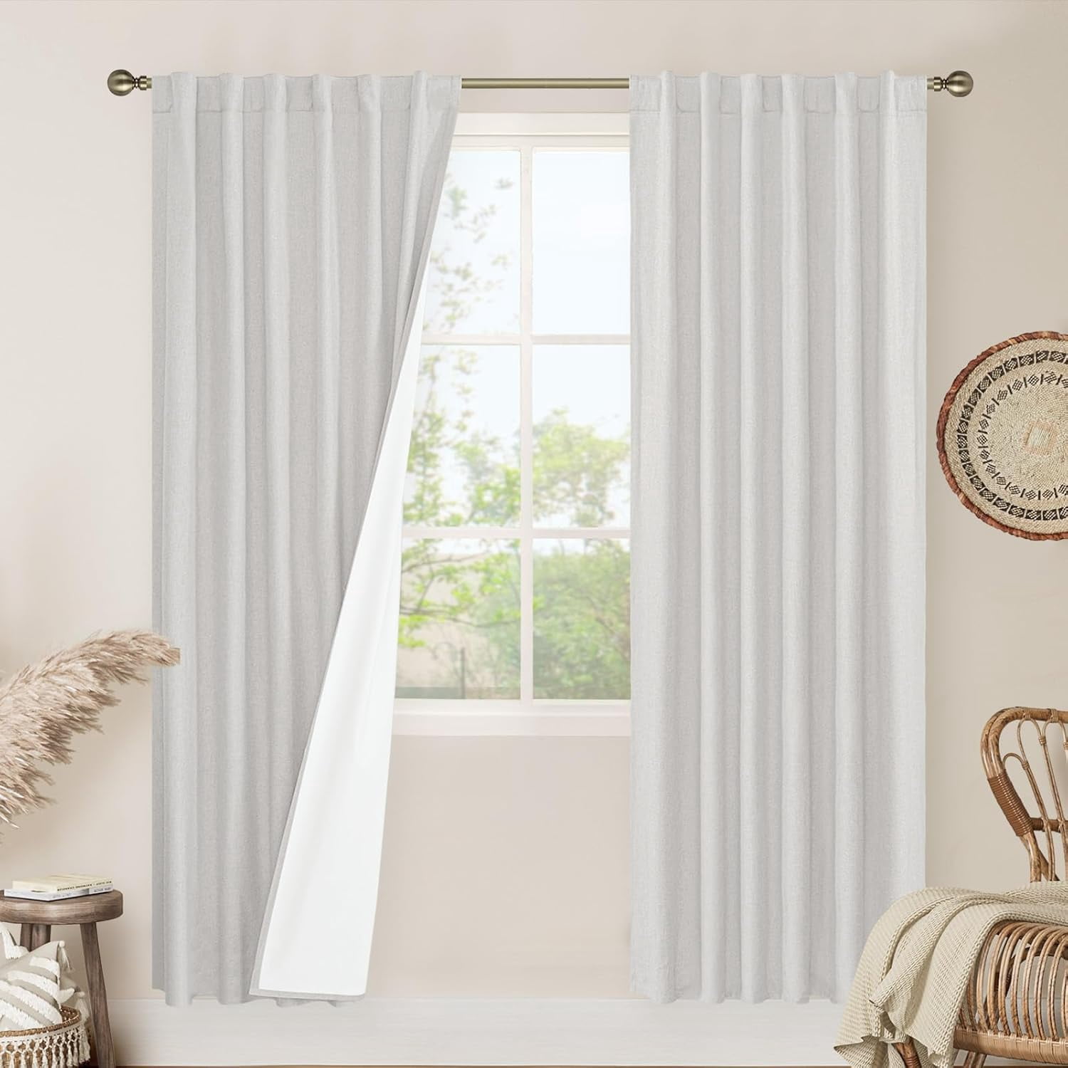 100% Blackout Natural Linen Curtains, 78 Inches Linen Textured Thermal Bedroom Curtains Back Tab and Rod Pocket Neutral Panels with White Liner for Farmhouse, 2 Panels, 52 x 78 Inch, Light Grey