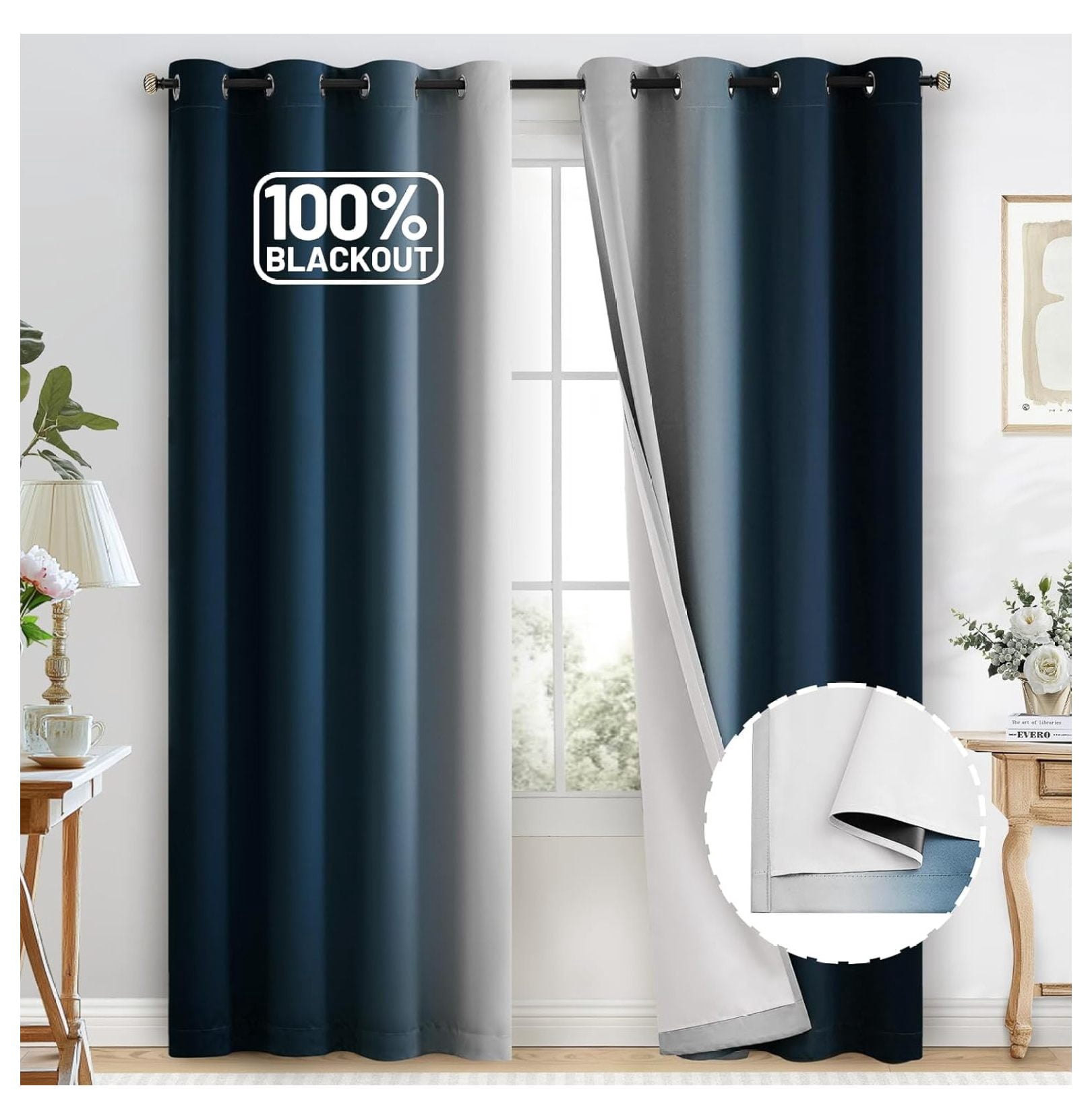 100% Blackout Ombre Navy Blue Curtains for Bedroom with White Back, 2 ...