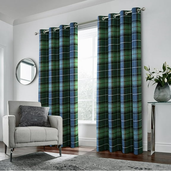 100% Blackout Plaid Curtains Modern Window Panels Blue Green Checkered Tartan Curtains for Living Room Bedroom Blue Green 42"W x 84"L (Pack of 2)