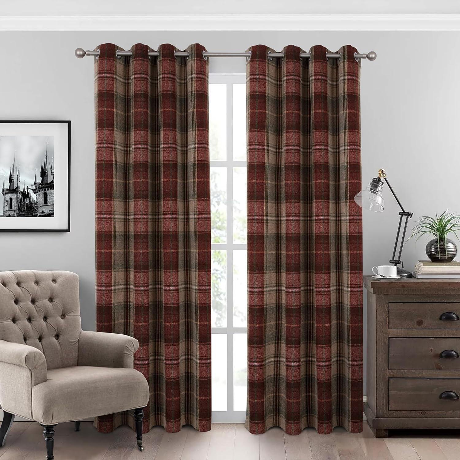 100% Blackout Plaid Curtains Modern Window Panels Checkered Tartan Curtains for Living Room Bedroom Christmas Red Green 42"W x 63"L (Pack of 2)